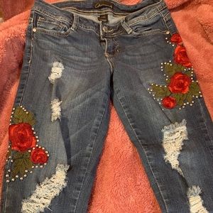 Embroidered Skinny jeans - Roses & metal studs